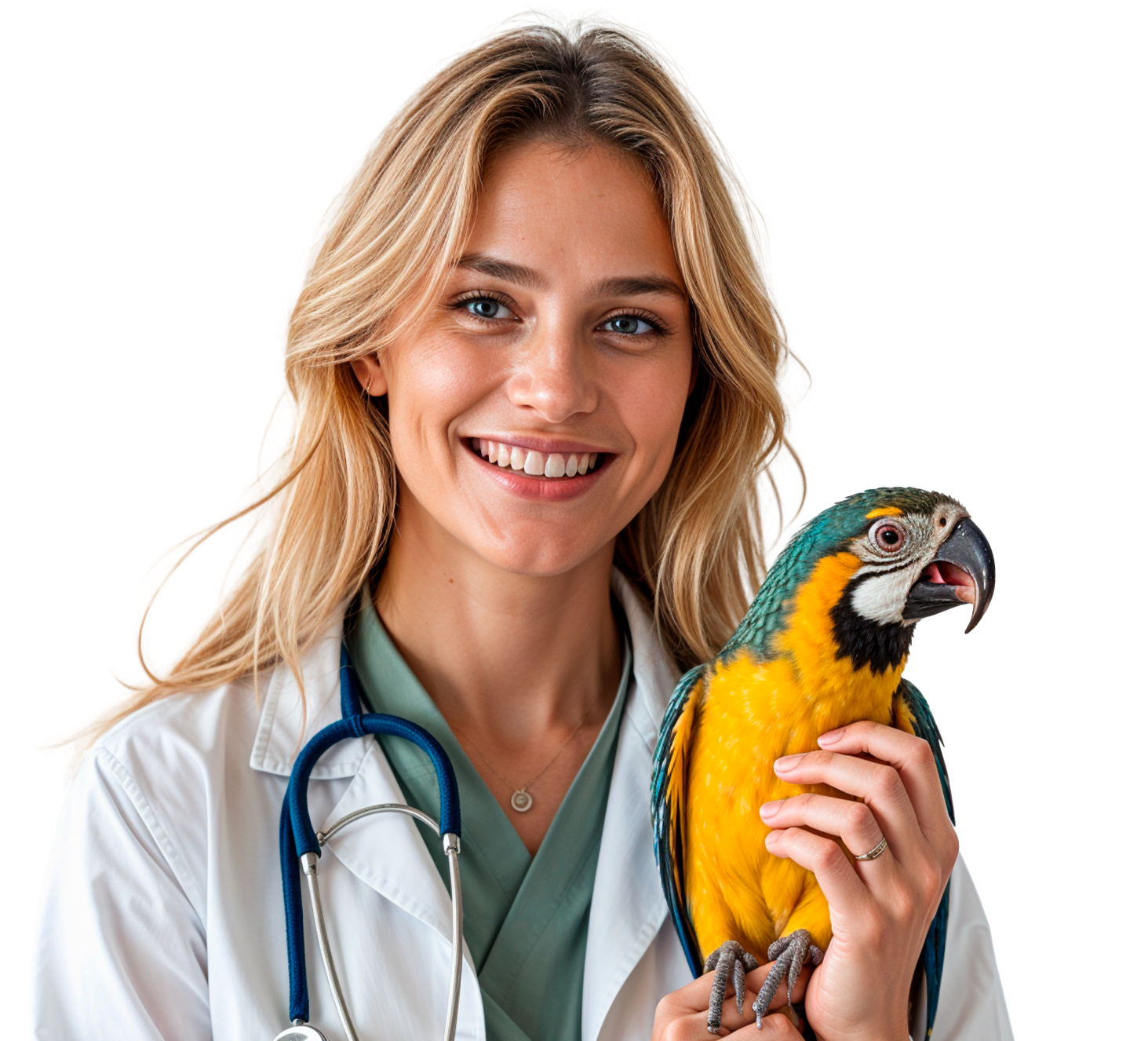 Médica veterinária segurando um papagaio